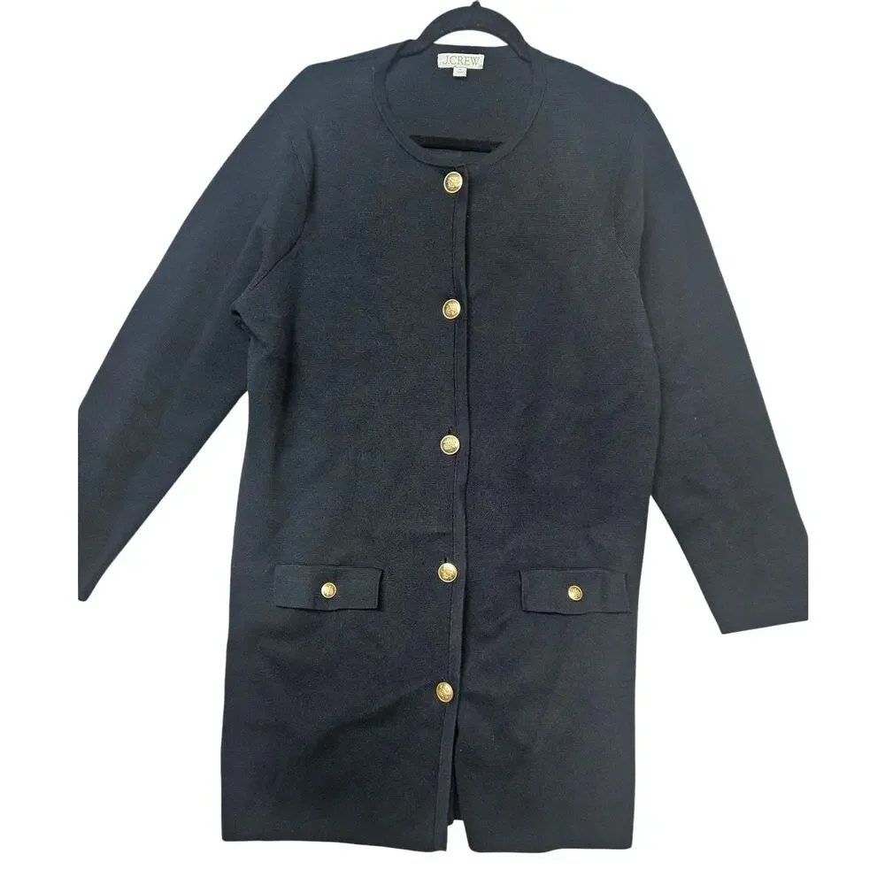 J Crew Long Giselle Sweater Blazer Black Gold Button Medium 100% Cotton
